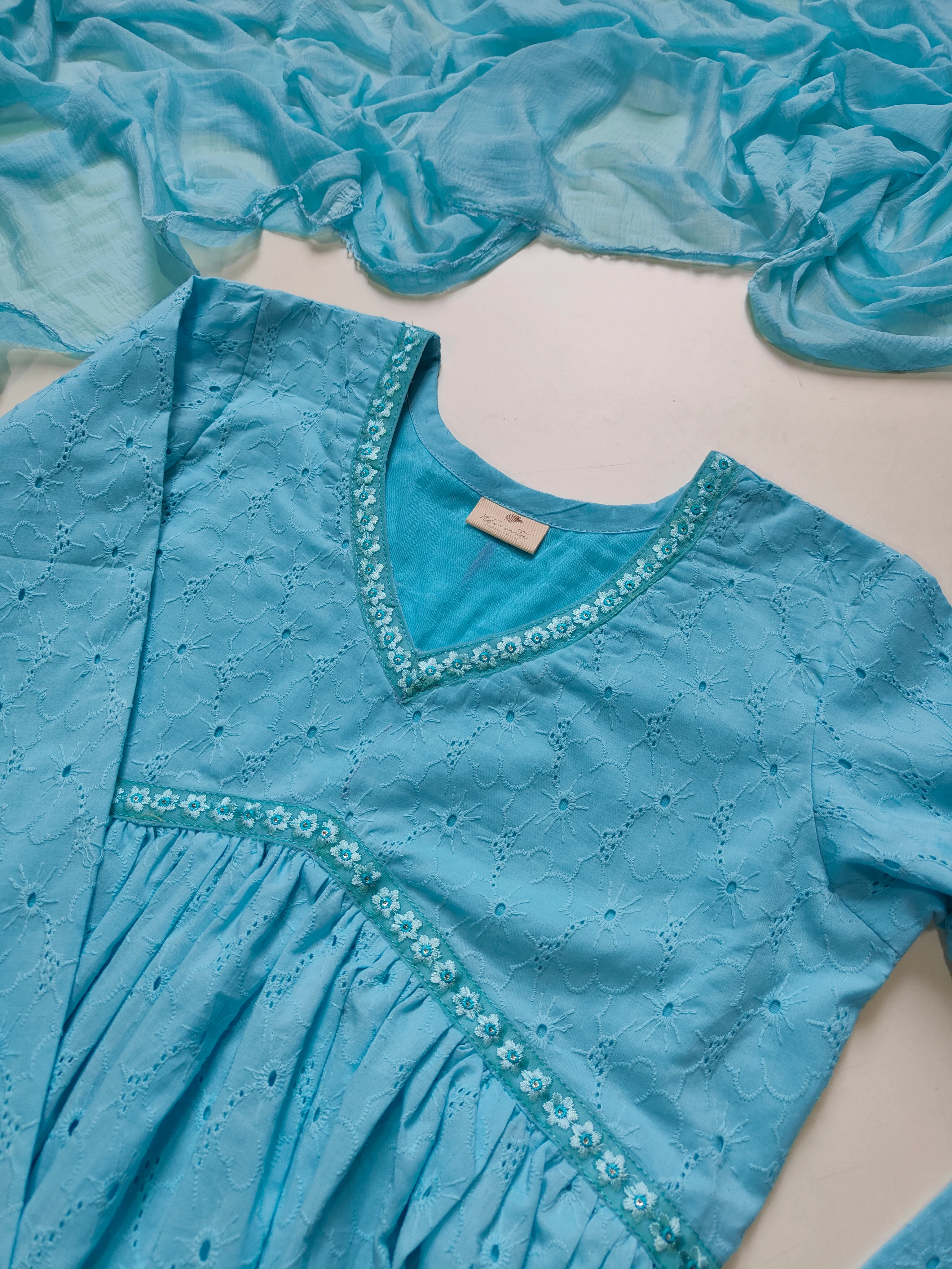 Sky Blue Hakoba Anarkali & Dupatta Set - Image 4
